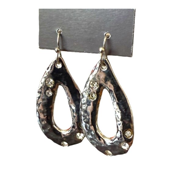J. Jill Hammered Teardrop Cutout Earrings Silver Tone Crystal Dangle Boho Chic - Picture 5 of 10